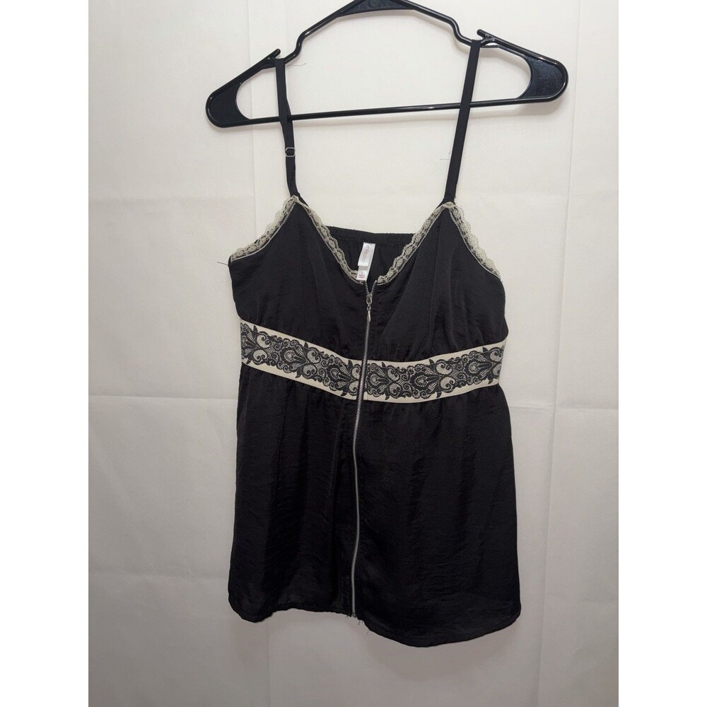 Vintage Y2K Xhilaration Satin Cami Top Large Boho Chic Lace Neckline Trim Black